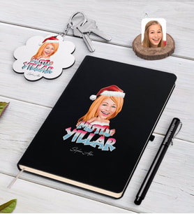 BK Gift Kişiye Özel Kadın Yeni Yıl Karikatürlü Siyah Defter Kalem ve Anahtarlık Hediye Seti-3 (Model 1)