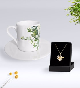BK Gift Kişiye Özel Papatya Temalı Türk Kahvesi Fincanı Ve Papatya Kolye Hediye Seti-5 (Model 1)