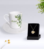BK Gift Kişiye Özel Papatya Temalı Türk Kahvesi Fincanı Ve Papatya Kolye Hediye Seti-5 (Model 1)