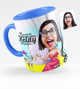 BK Gift Kişiye Özel Bayan Süslü Karikatürlü Mavi Kupa Bardak  1