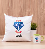 Super Dad Babaya Hediye Kare Yastık ve Yeşil Kupa Bardak