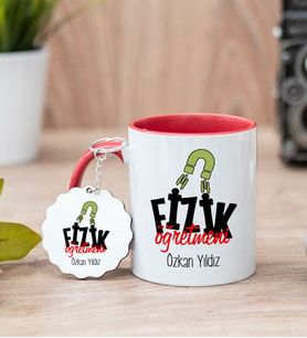 Fizik Öğretmeni Kırmızı Kupa Bardak Ve Anahtarlık Set