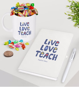 BK Gift Kişiye Özel Yaşa Sev Öğret Beyaz Defter Kalem Şekerli Kupa Seti-1 (Model 1)