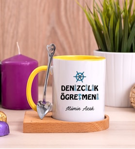 Denizcilik Öğretmeni Ahşap Altlıklı Sarı Kupa Bardak