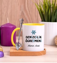 Denizcilik Öğretmeni Ahşap Altlıklı Sarı Kupa Bardak