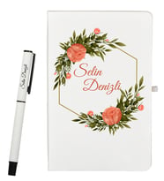 Kişiye Özel Hazırlanmış Şık Çiçek Tasarımlı Defter ve Beyaz Roller Kalem Seti
