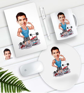 BK Gift Kişiye Özel Bay Fitness Eğitmeni Karikatürlü Defter Kalem Kupa Mouse Pad Seti (Model 1)
