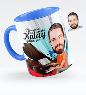 BK Gift Kişiye Özel Bay Piyanist Karikatürlü Mavi Kupa Bardak  1