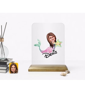 BK Gift Kişiye Özel Kız Çocuk Deni Kızı Karikatürlü Ahşap Standlı Çerçeve (Beyaz)