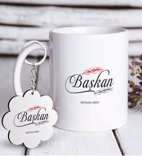 BK Gift Kişiye Özel Mesleki Başkan Beyaz Kupa ve Anahtarlık Hediye Seti-1 (Model 1)