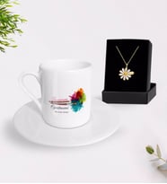 BK Gift Kişiye Özel Tasarım Öğretmeni Türk Kahvesi Fincanı ve İsimli Papatya Kolye Hediye Seti-2 (Model 1)