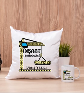 İnşaat Teknolojisi Öğretmeni Kare Yastık ve Beyaz Kupa Bardak