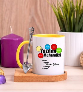 Yazılım Mühendisi Ahşap Altlıklı Sarı Kupa Bardak