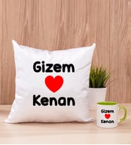 Sevgililere Özel İsim Yazılı Kare Yastık ve Yeşil Kupa Bardak