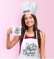 BK Gift Kişiye Özel Valide Sultan Mutfak Önlüğü Aşçı Şapkası ve Kupa Seti - 3 (Beyaz)