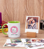 Aşık Çiftlere Özel Yeşil Kupa Bardak ve Ahşap Standlı Polaroid Set