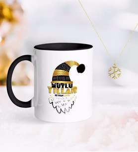 BK Gift Kişiye Özel Yılbaşı Mutlu Yıllar Siyah Kupa ve Kar Tanesi Kolye-8 (Model 1)