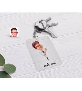 BK Gift Kişiye Özel Erkek Çocuk Karikatürlü Şeffaf Pleksi Anahtarlık-3 (Beyaz)