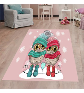 Baykuş Desenli Dijital Baskılı Kaymaz Taban Çocuk Odası Halısı (Pembe)