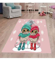 Baykuş Desenli Dijital Baskılı Kaymaz Taban Çocuk Odası Halısı (Pembe)