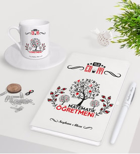 BK Gift Kişiye Özel Yılın En İyi Matematik Öğretmeni Beyaz Defter Kalem Türk Kahvesi Fincanı Seti (Model 1)