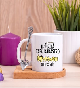 Harita Tapu Kadastro Öğretmeni Ahşap Altlıklı Beyaz Kupa Bardak