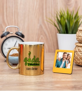 Gıda Teknikeri Gold Kupa Bardak ve Sarı Mini Fotoğraf Çerçevesi