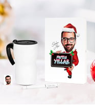 BK Gift Kişiye Özel Yılbaşı Bay Karikatürlü Beyaz Defter Kalem Termos Mug Seti - 1