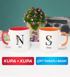 İkili Kişiye Özel Baş Harf ve İsim Yazılı Kupa Bardak Kırmızı Turuncu