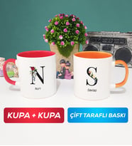İkili Kişiye Özel Baş Harf ve İsim Yazılı Kupa Bardak Kırmızı Turuncu