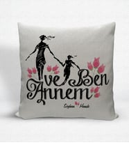 BK Gift Kişiye Özel Annem ve Ben Dekoratif Keten Yastık (Bej)