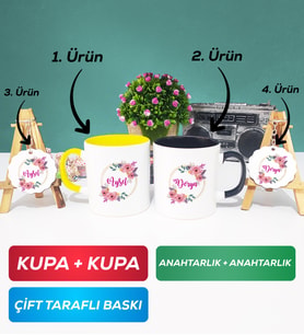 İkili Sarı Siyah Kişiye Özel İsim Yazılı Çiçek Tasarımlı Kupa Bardak Anahtarlık Hediye Seti
