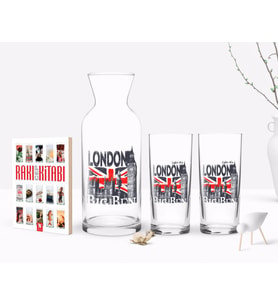 BK Gift Kişiye Özel Renkli Baskılı London Tasarımlı İkili Rakı Bardağı Karaf ve Cep Kitabı Hediye Seti-3 (Model 1)