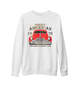 Amerikan Klasik Araba Beyaz Kalın Sweatshirt