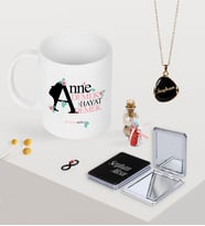 BK Gift Kişiye Özel Anne Demek Hayat Demek Kupa Ayna ve Siyah Mineli Kolye Seti (Model 1)