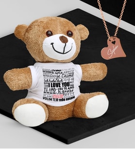 BK Gift Kişiye Özel Sevgililer Temalı Peluş Ayıcık ve Rose Kalp Kolye Set - 78