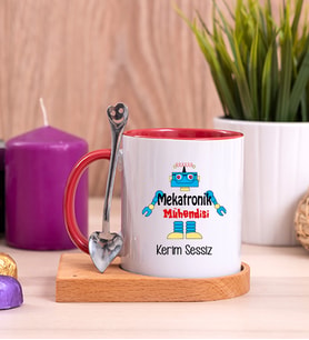 Mekatronik Mühendisi Ahşap Altlıklı Kırmızı Kupa Bardak