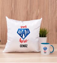 Super Dad Babaya Hediye Kare Yastık ve Mavi Kupa Bardak