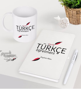BK Gift Kişiye Özel Türkçe Öğretmeni Beyaz Defter Kalem Kupa Seti-2 (Model 1)