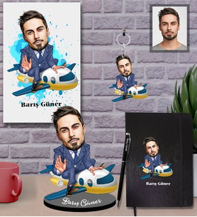 Kişiye Özel Pilot Karikatürlü 5 li Hediye Seti Bay-3