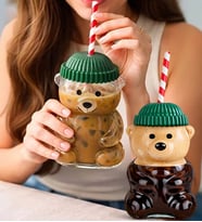 Smile Bear Fenomen Şapkalı Bearista Ayıcık Cam Pipetli 2'Li Bardak Suluk