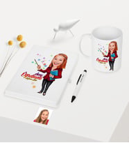 BK Gift Kişiye Özel Bayan Öğretmen Temalı Karikatürlü Beyaz Defter Kalem Kupa Seti - 3