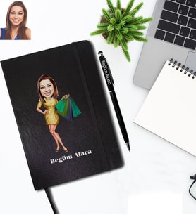 Kişiye Özel Bayan Karikatürlü Siyah Defter Kalem Hediye Seti Model-2