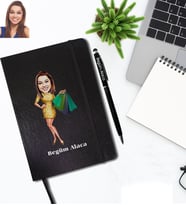 Kişiye Özel Bayan Karikatürlü Siyah Defter Kalem Hediye Seti Model-2