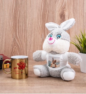 Sevgililere Özel Balon Tasarım Gold Kupa Bardak ve Peluş Tavşan