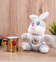 Sevgililere Özel Balon Tasarım Gold Kupa Bardak ve Peluş Tavşan