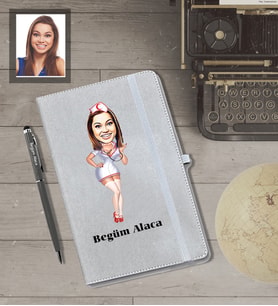 Kişiye Özel Hemşire Karikatürlü Gri Defter Kalem Hediye Seti  Bayan-3