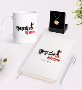 BK Gift Kişiye Özel Coğrafya Öğretmeni Beyaz Kupa Defter Kalem ve İsimli Papatya Kolye Hediye Seti-2 (Model 1)