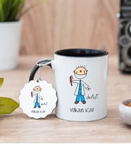 Erkek Diş Hekimi Karikatürü Siyah Kupa Bardak Ve Anahtarlık Set