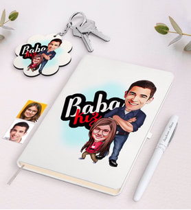 BK Gift Kişiye Özel Baba Kız Karikatürlü Beyaz Defter Kalem ve Anahtarlık Hediye Seti-3 (Model 1)